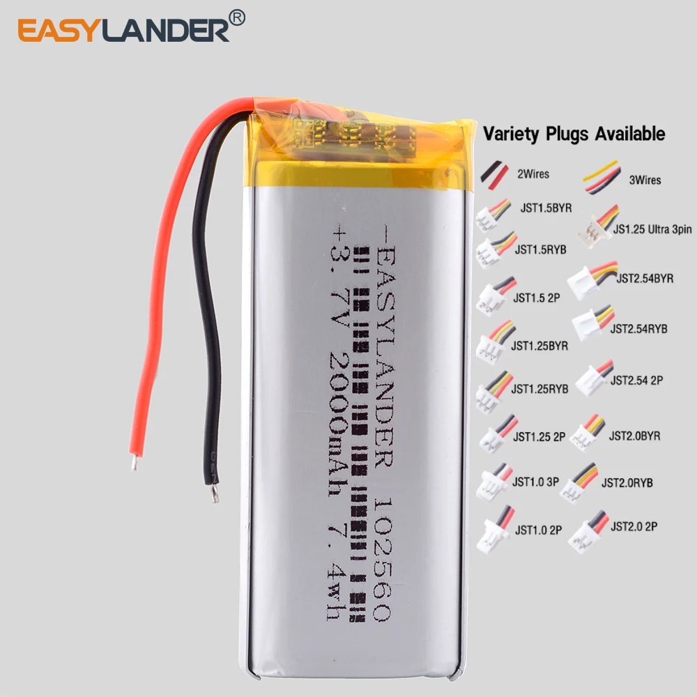 

Silicone Wires 102560 JST2.0 2P 3.7V 2000mAh Rechargeable Li-Polymer Li-ion Battery 112560 Lipo Batteries