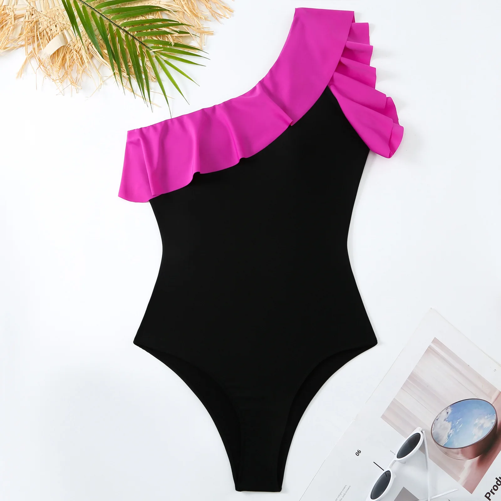 Traje de baño con volantes para mujer, de corte alto Monokini, falda de un hombro, ropa de playa, Sexy2024