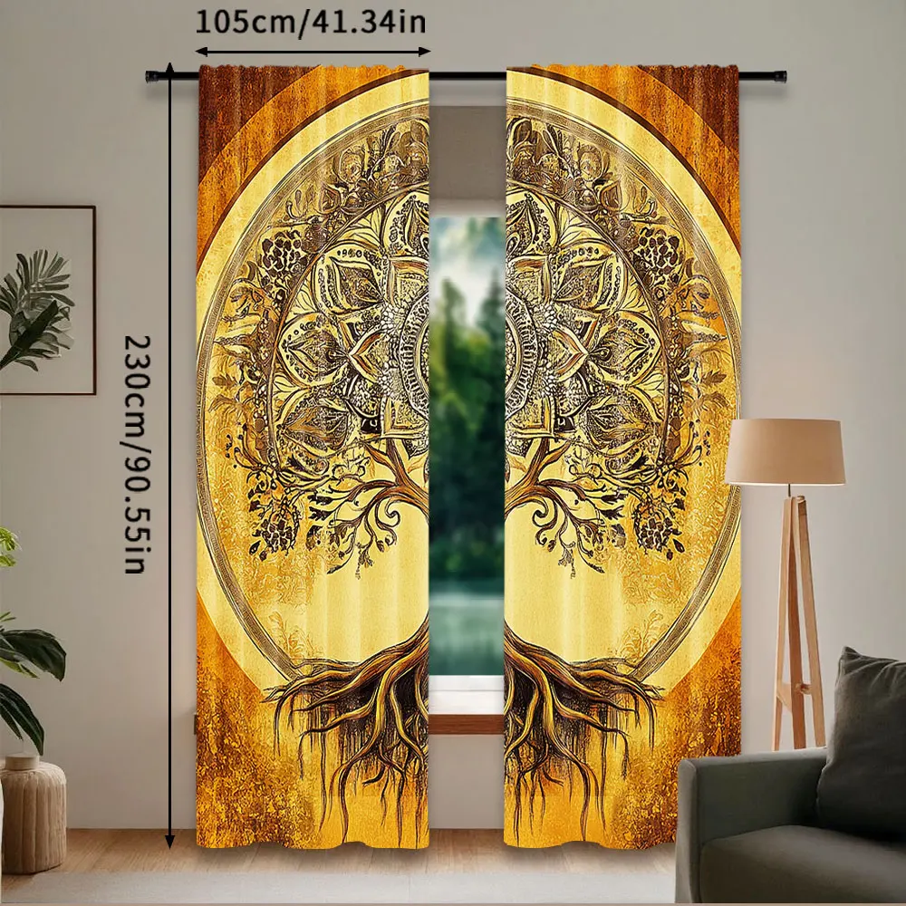 2Pcs Boho Curtain Oriental Atmosphere Warm Tone Ornate Life Tree With Warm Hues For Bedroom Living Room Dining Room And Bathroom