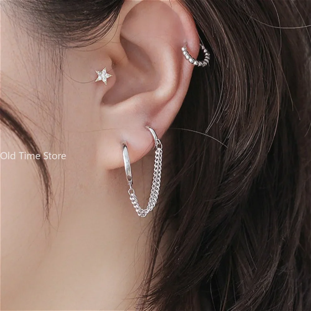1PCS Hot Sale Two Hole Piercing Earrings for Women Brilliant Crystal Zircon Metal Color Chain Earring Party Jewelry