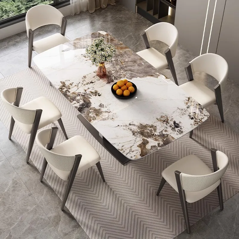 

Современный роскошный прямоугольный обеденный стол из мрамора и набор стульев (4-6 мест), высококачественная мебель из нержавеющей стали, дизайн для ресторанов.