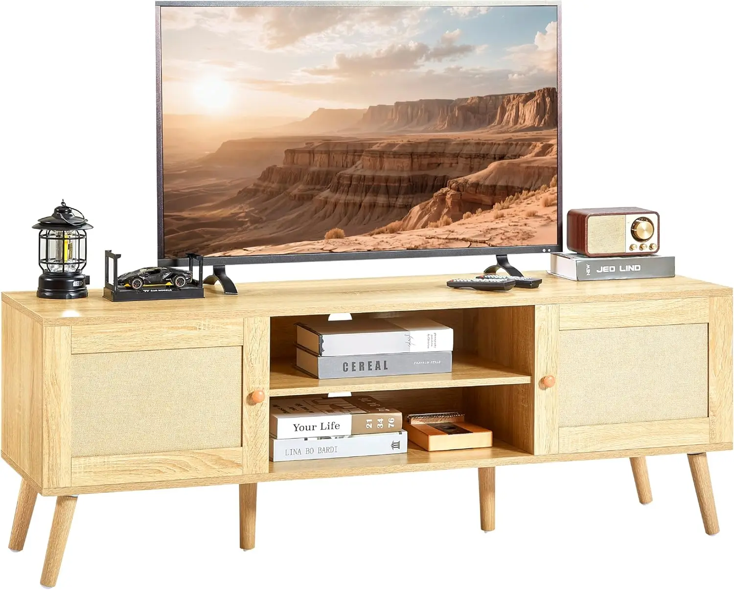 

Modern TV Stand for 60/55/50 Inch TVs, Living Room Entertainment Center with Shelves and Cabinets, Mid Century Boho Style