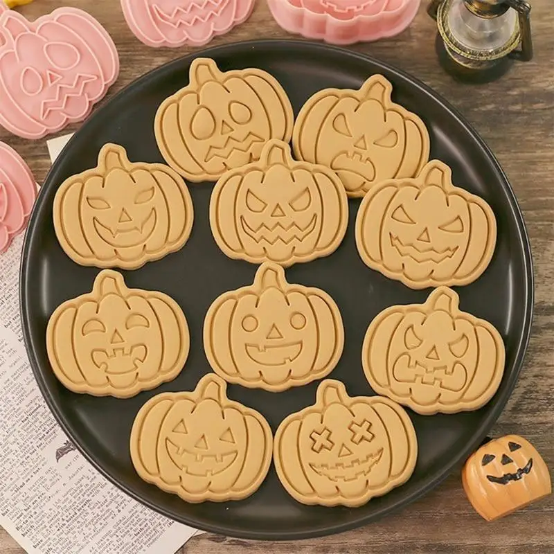 F19B 10Pcs Halloween Cookie Cutters and Stamps for DIY Pumpkin Party Molds Halloween Baking Tool Horror Pumpkin Mold Craft