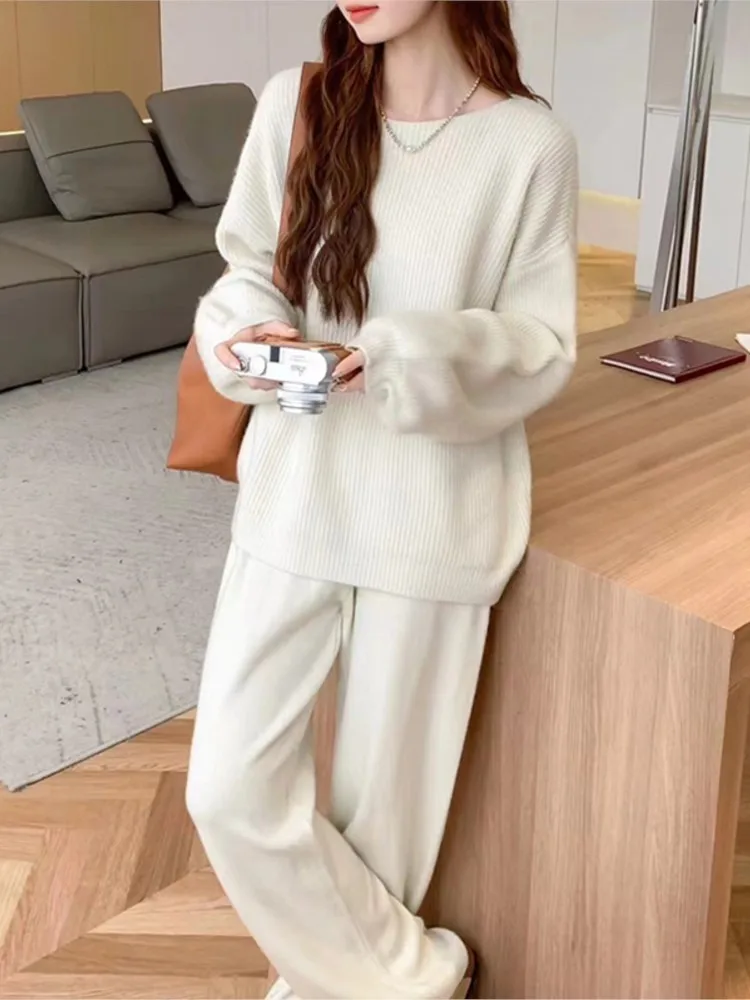 Women Solid Knitted Two Piece Suit Autumn Winter Long Sleeve Slash Neck Loose Sweater Top+Wide Leg Pants Casual Outfits Mujer