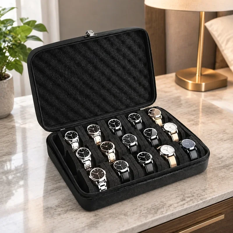 Compact Travel Watch Storage Box with 15 Compartments and Durable Shockproof Build for Home and On-the-Go