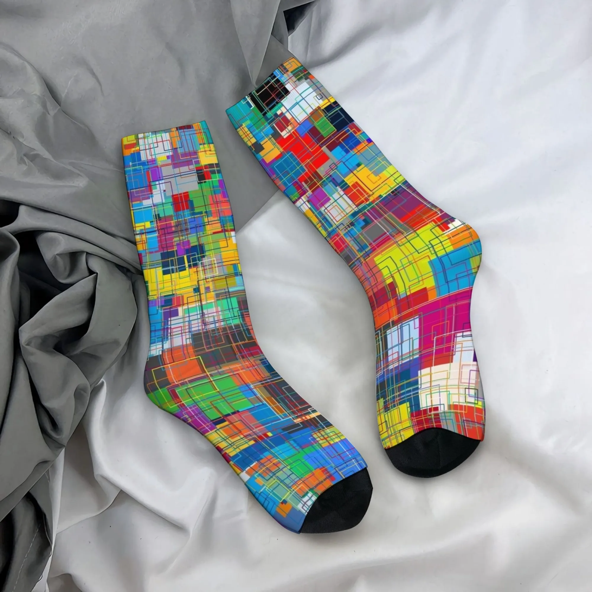 Geometrische Blöcke, abstrakte Kunst, Herrensocken, Retro-Mode, Street-Crazy-Hip-Hop-Socken, Neuheit, lustige, fröhliche Crew-Socken, Party-Geschenk