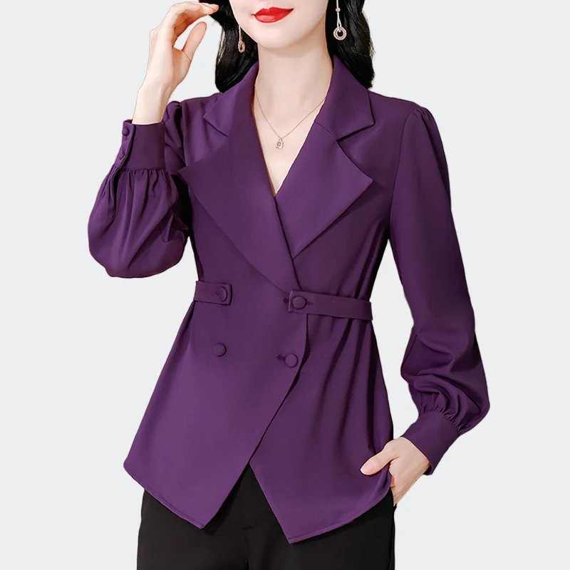 

Шикарный модный костюм с воротником, элегантные рубашки, женские фиолетовые топы, осень 202, офисная женская блузка с длинным рукавом, тонкая повседневная одежда