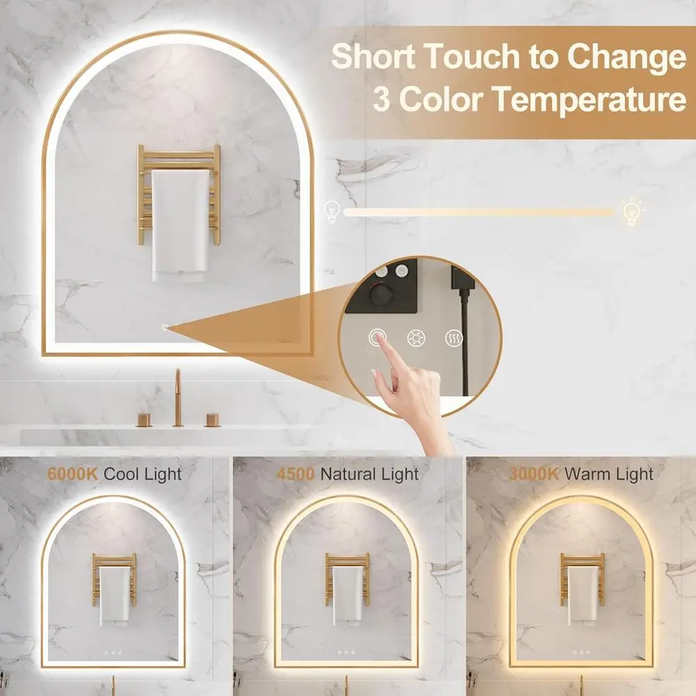 مرآة حمام LED بدون ضباب مقاس 30 × 36 مع إضاءة ذهبية برتقالية، قابلة للتعتيم، 3 خيارات ألوان، تحكم باللمس، مقاومة للكسر #4