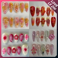 Handmade Press On Nails Y2K 3D French Almond Flowers Full Cover Bow Design Anime Peripherals Fake Nails Manicure Nail for Women