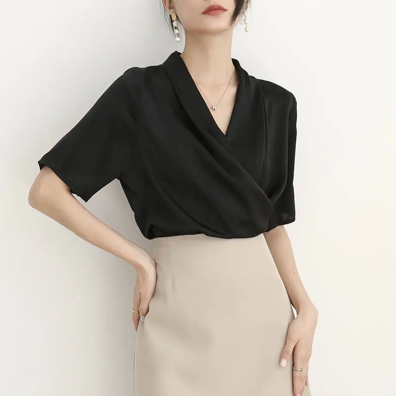 Temperament Solid Color Pleated Blouse Women New Classic Half Sleeve V-neck Office All-match Lady Pullover Chiffon Shirt