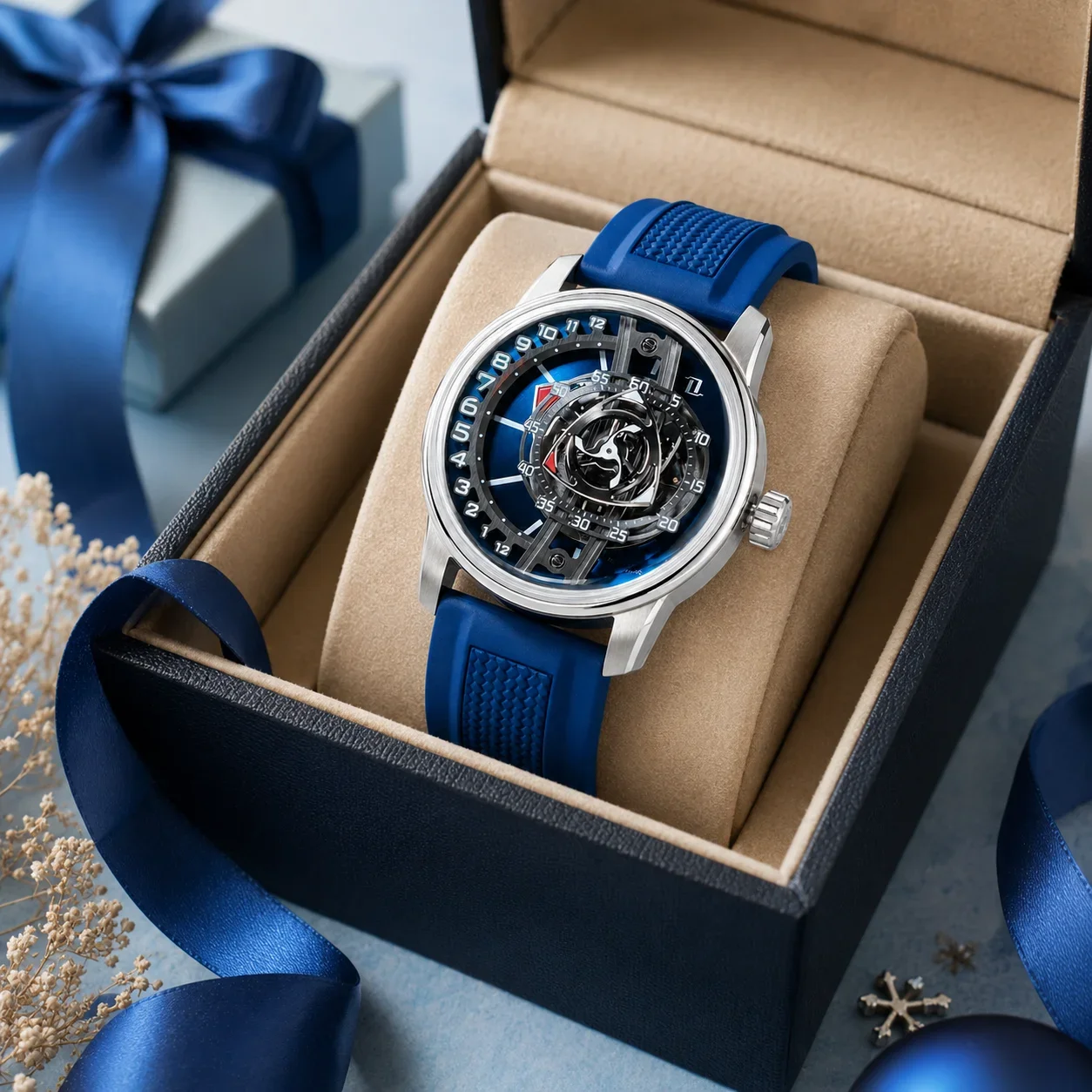 OBLVLO Men's Racing-Style Forged Carbon Automatic Watch with Creative Rotor Design Blue Rubber Strap Water-Resistant