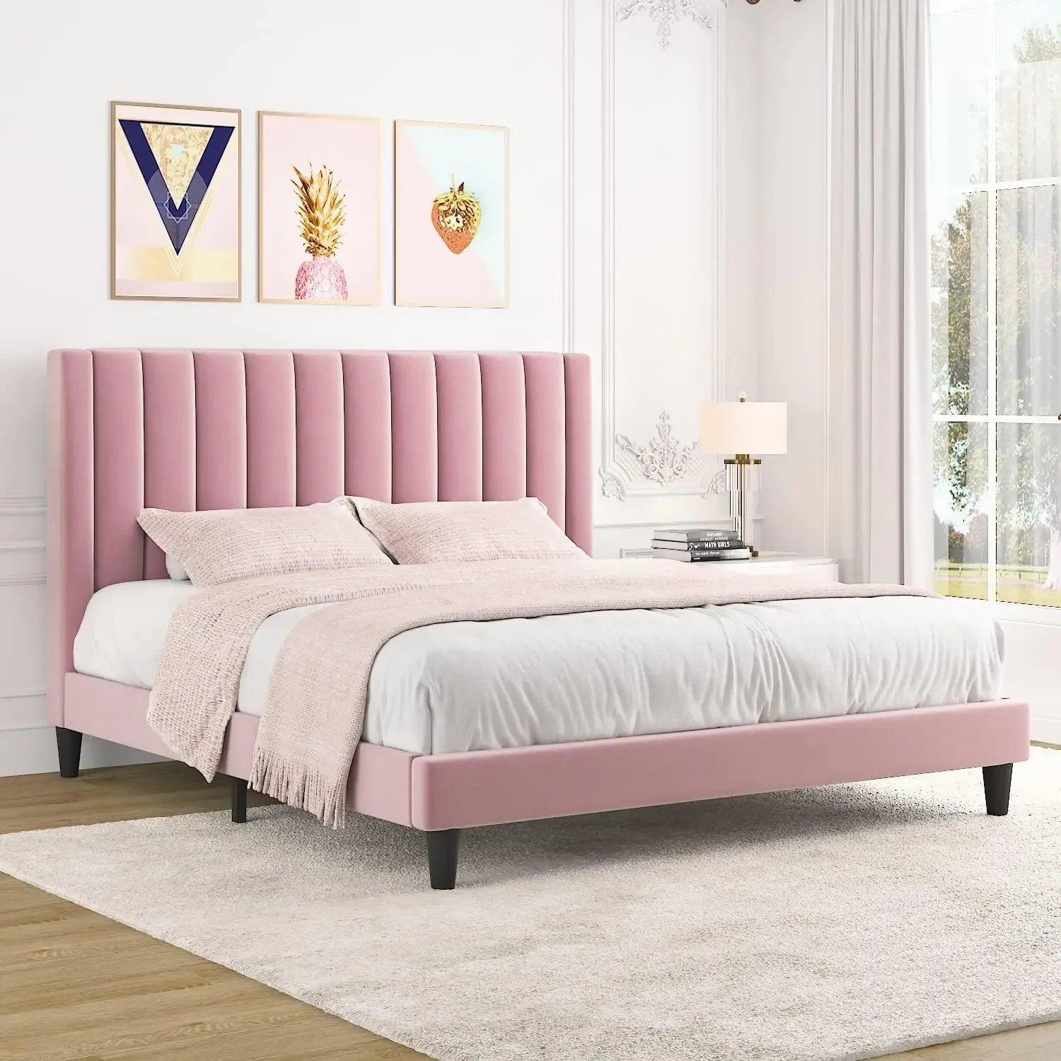 Pink King Velvet Upholstered Bed Frame with Vertical Channel Tufted Headboard/Strong Wooden Slats/Platform Bed Frame