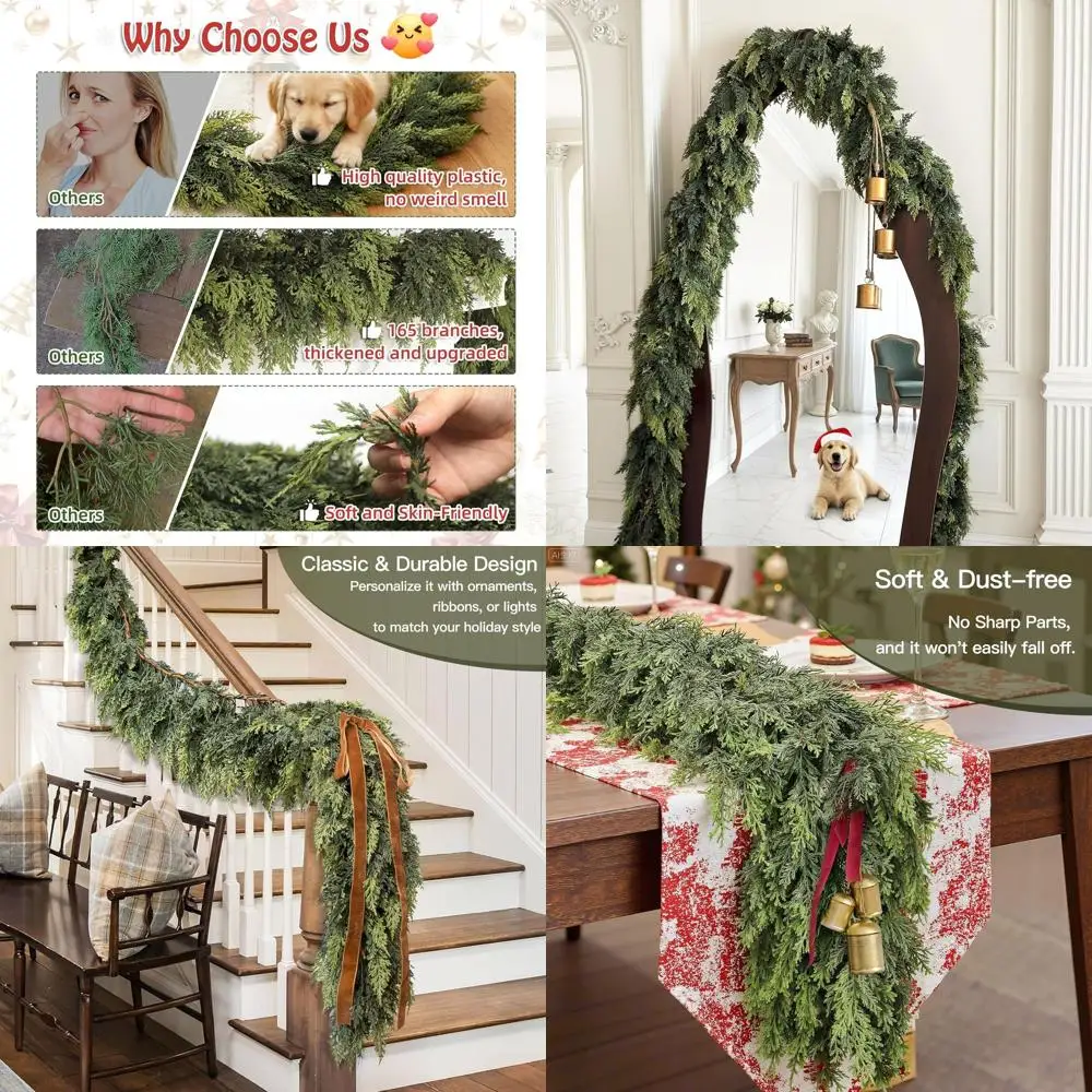 

6ft Real Touch Cedar Pine Garland - Thick & Soft for Christmas Mantle, Fireplace, Porch, Outdoor & Indoor Holiday Decorations