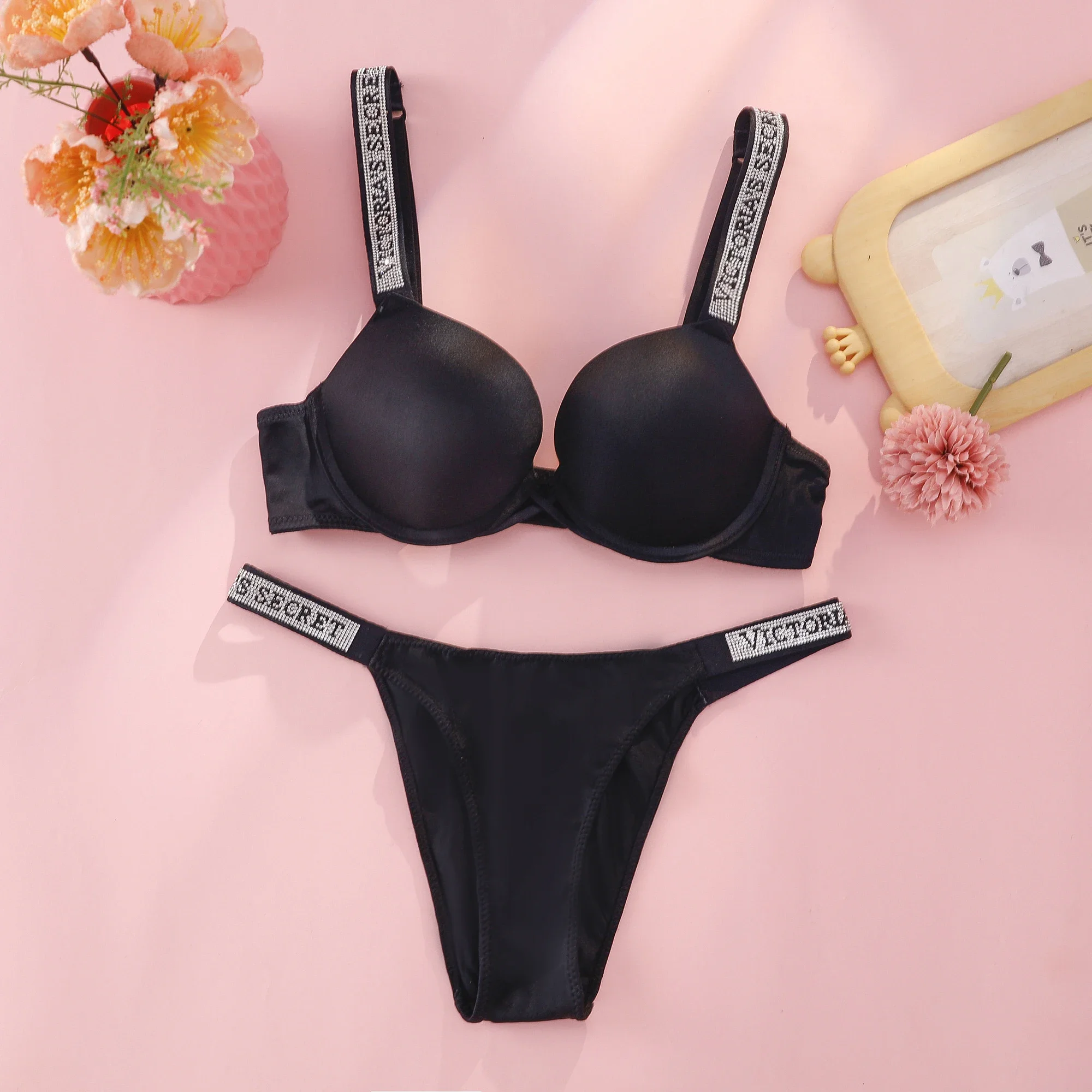 Victoria's Secret Push Up Bra And Panties Set For Women Rhinestone Logo Shoulder Straps Lace Underwear Sexy Lingerie Set