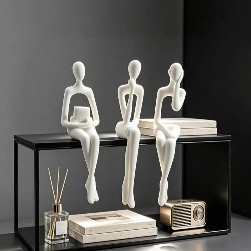 3Pcs 3D Printed Minimalist Thinking Human Sculpture Abstract Edge Sitter for Office Shelf Art Decor