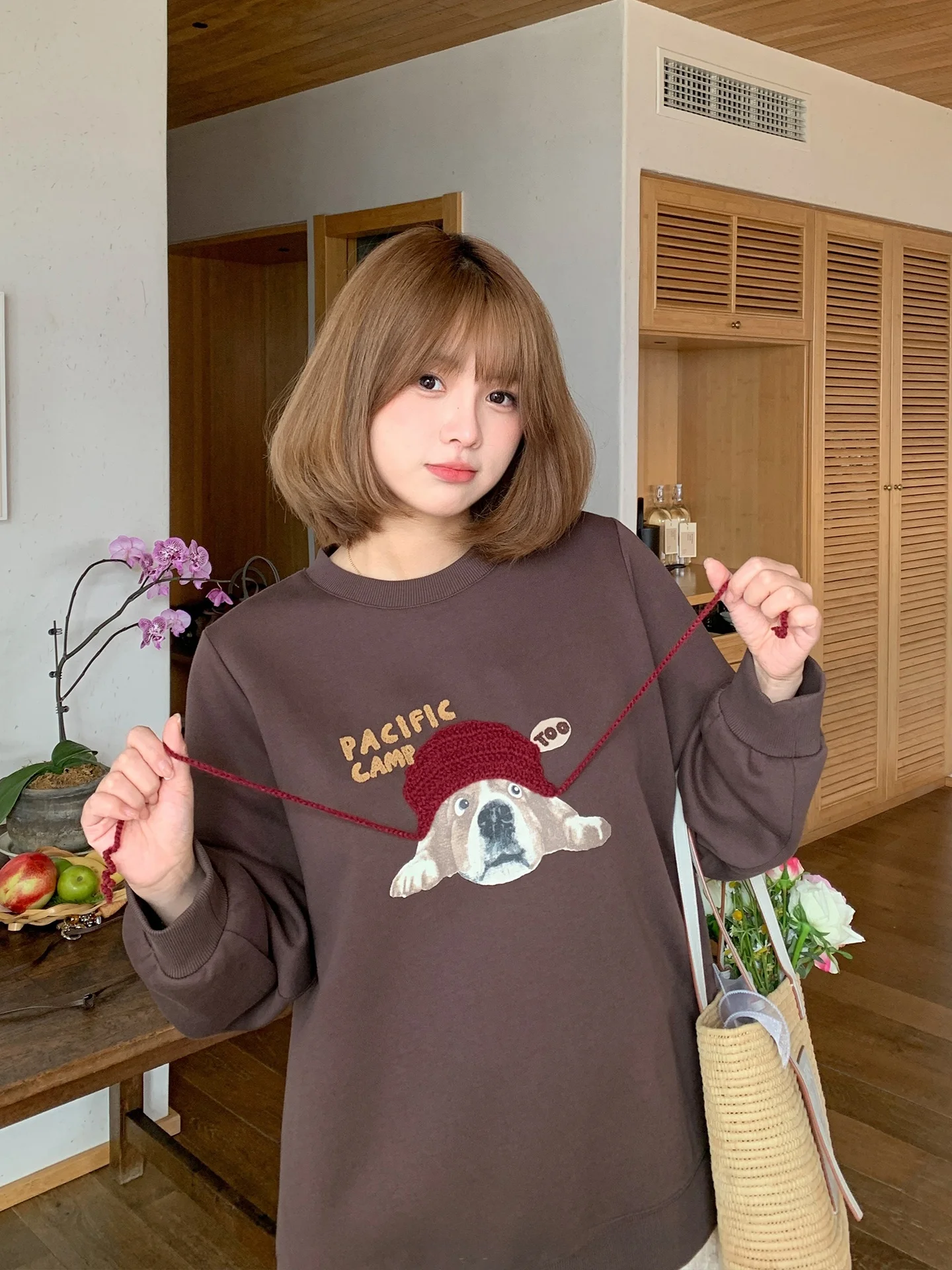 

Laziness Dog Embroidered Knitted Hat And Sweatshirt Set Casual Loose Fit Long Sleeve round Neck Cotton Polyester Blend Spring...
