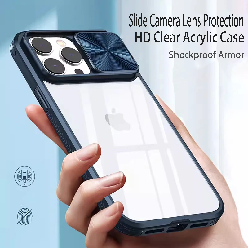 Slide Camera Protection Hybrid Acrylic Clear Case For iPhone 15 14 13 12 11 Pro X XS Max XR 7 8 Plus Shockproof Armor Hard Cover