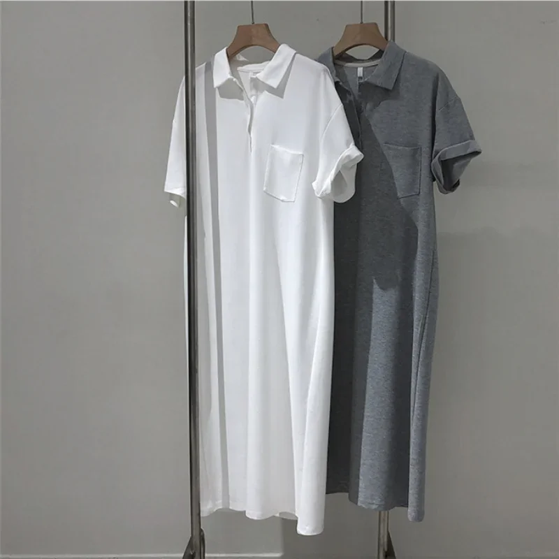 Women Polo Dress Clothes For Lady 2024 Summer Solid Color Korean Fashion Casual Loose Short Sleeve Long T-shirt Dresses New