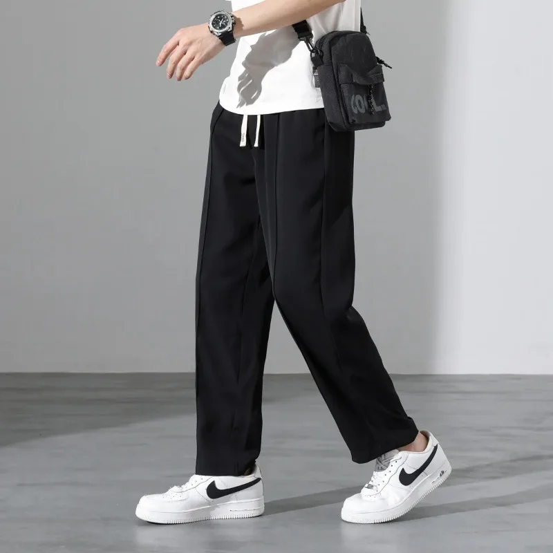 Men's Spring Autumn Drawstring Solid Elastic High Waist Pockets Casual Loose Suit Pants Small Feet Fashion Trousers Pants