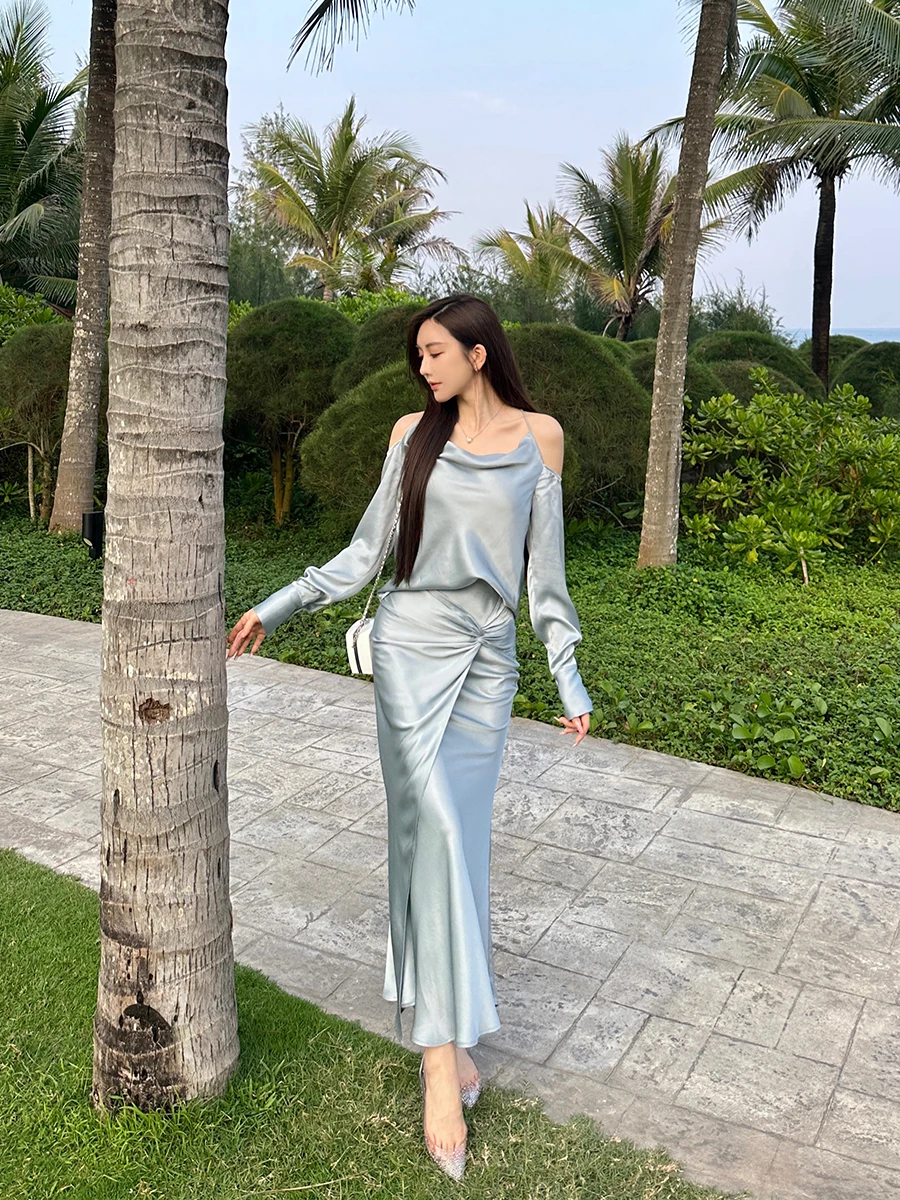 

Sexy Bal Acetate Double-Sided Satin High-Waist Knot ter Top And Skirt Set Casual Elegance SX àn Xǐ Premium Faion ...