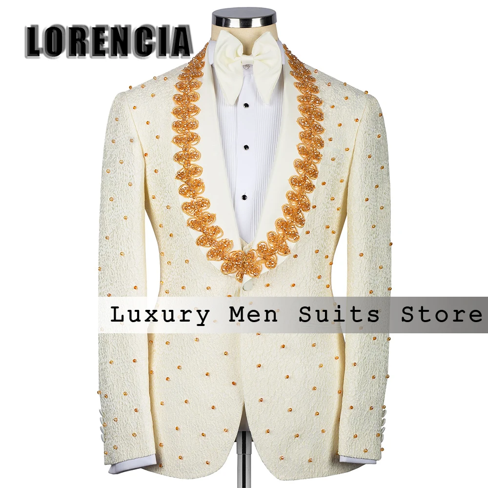 Leisure 2 Pieces Beading Suits for Men Jacquard Single Breasted Dinner Party Outfits Customized Blazer jaqueta masculina couro