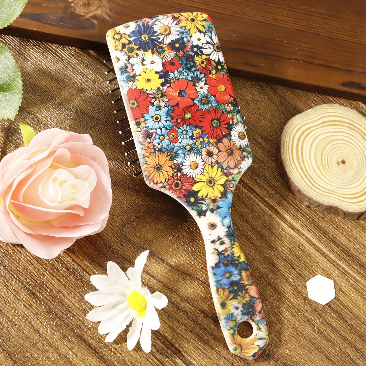 หวีพายลายดอกไม้ - ป้องกันไฟฟ้าสถิต, นวดหนังศีรษะ, ขนแปรงไนลอนนุ่ม, แปรงขัดผิว, พิเศษสําหรับวิกผมจริง