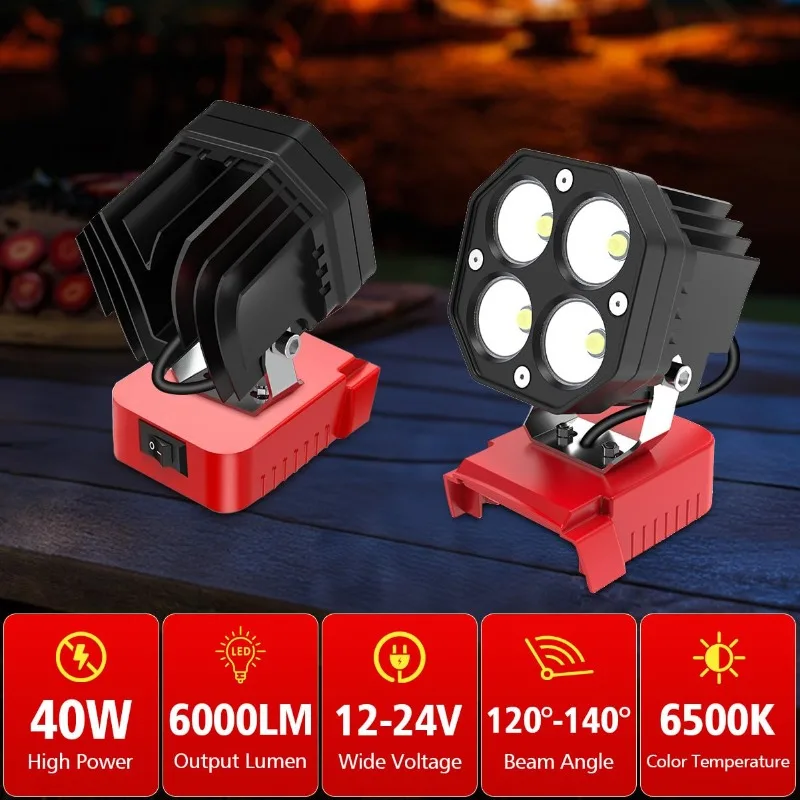 Portable LED Work Light for Milwaukee/DL 18V Li-ion Battery Wireless Construction Site Floodlight Work Torch for Outdoor Camping