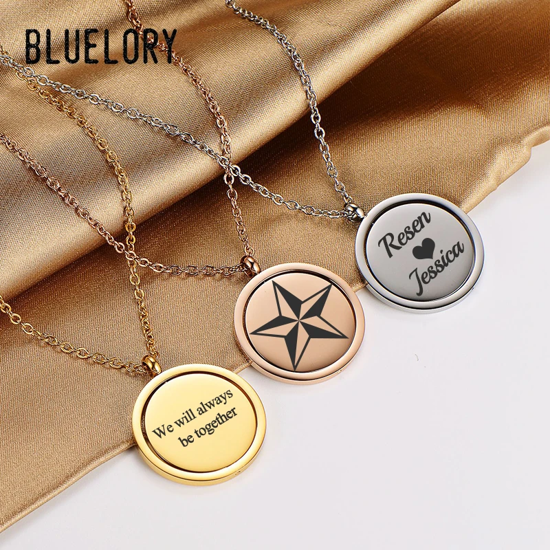 Bluelory Engrave Name Rotating Circular 25mm Necklace Stainless Steel Carving Symbol Smooth Pendant Necklaces Jewelry Gifts