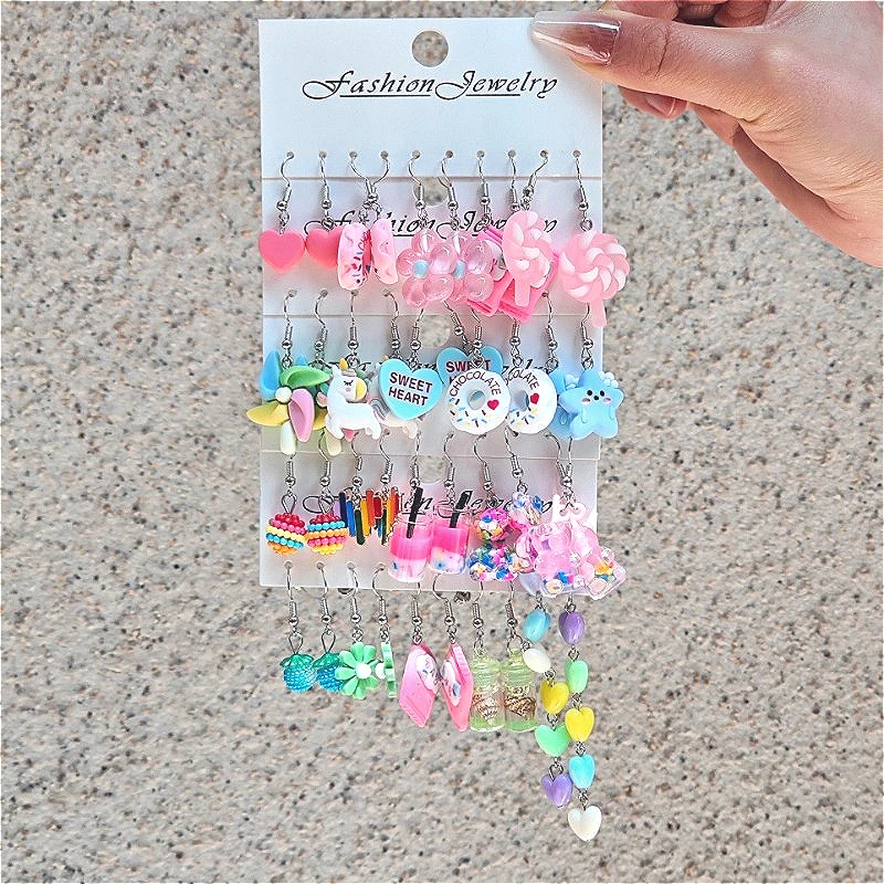 

40 Pairs of Simple, Fresh, Sweet, Colorful Wish Bottles, Candy Hearts, Tassel Flowers, Women's Fashionable Pendant Earrings Set