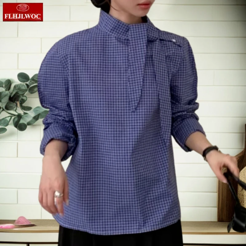 

Chic Korea Style Bow Tie Tops Blouses 2025 Long Sleeve Girls Preppy Style Loose Boyfriend Design White Button Blue Plaid Shirts
