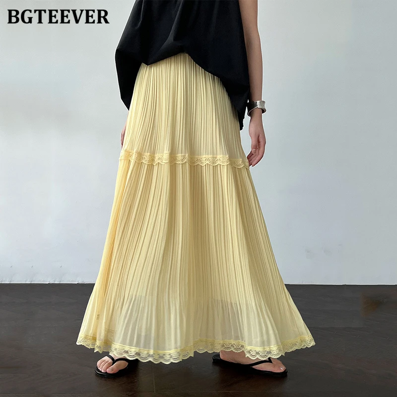 BGTEEVER Elegant Loose Pleated Skirts for Women Stylish High Waist Female A-line Chiffon Skirts