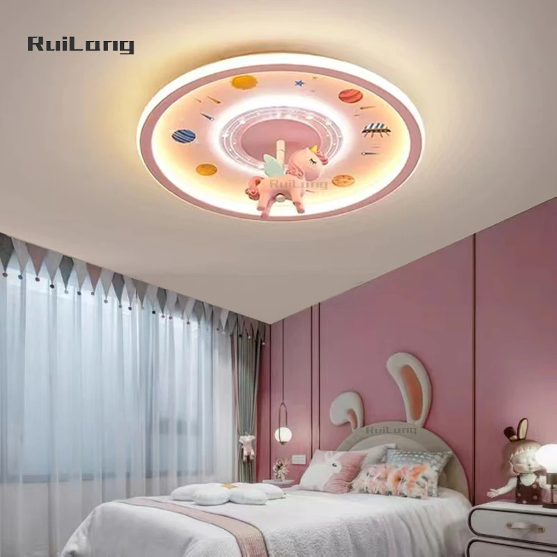 Cartoon Led Unicorn Ceiling Light For Kids Bedroom Nursery Baby Girl Room Decor Cute Pink Chandelier Carousel Space Ceiling Lamp