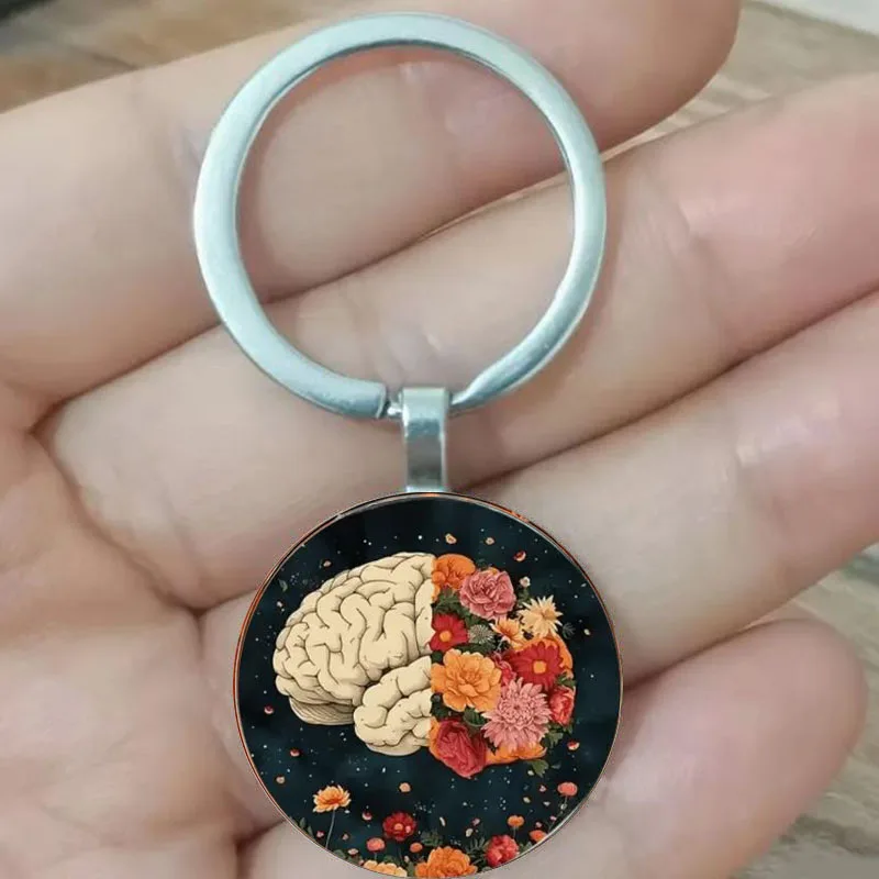 

Retro Brain and Flower Keychain - Ideal Gift for Scientists, Psychologists, and Students, Birthday, Christmas, Valentine's Day