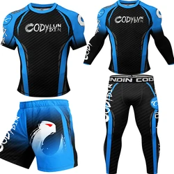 Rashguard MMA T-shirt + spodnie garnitur mężczyźni 4 sztuk/zestaw Jiu Jitsu brazylijski Grappling Bjj boks Rash Guard koszulki sportowe spodenki bojowe