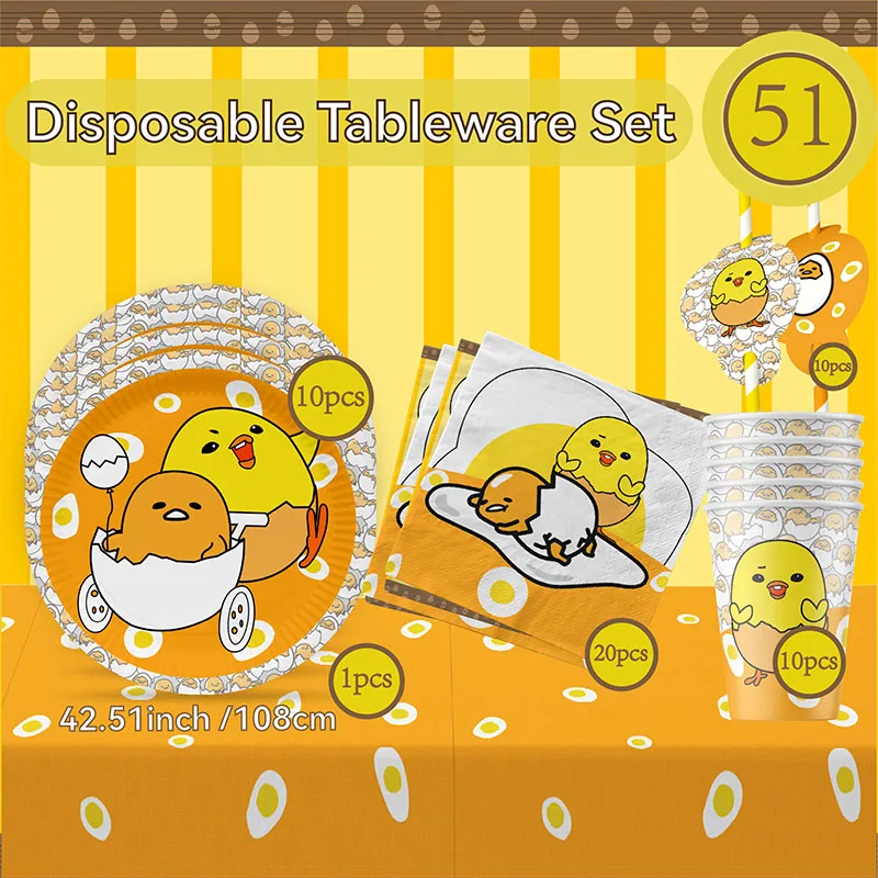 

51pcs Gudetama: An Eggcellent Party Tableware Supplies Set- Paper Cups Plates Straws for Birthday Wedding Baby Shower Decoration