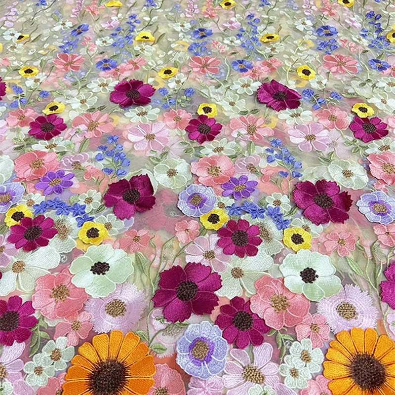 Tela de encaje de flores 3D coloridas, vestido de novia DIY, vestido de noche de lujo, último bordado de malla, tela de tul de moda, 130cm de ancho