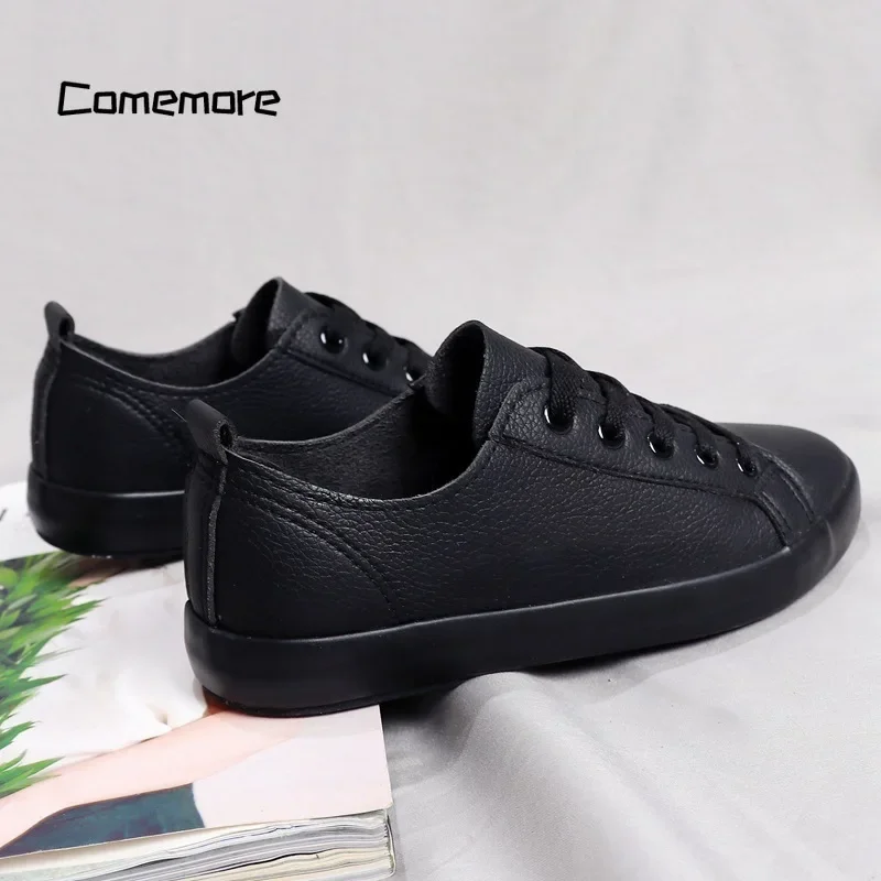 Fashion New Soft Leather Shoe Ladies Lace Up White Black Flats Men Sneakers Moccassin Spring Autumn Women Oxford Flat Shoes 40