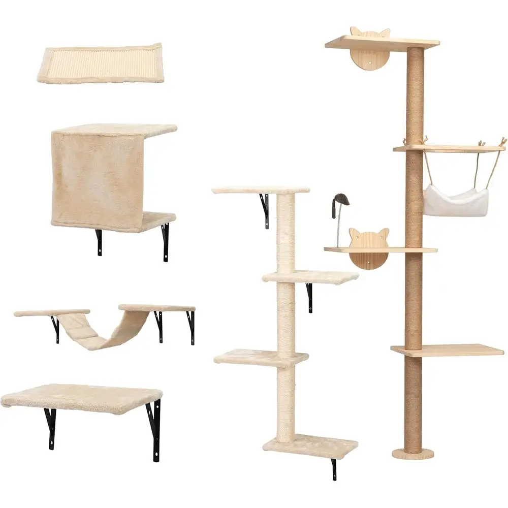6-Piece Wall-Mounted Cat Climbing Set with Tree, Floating Shelves, and Scratching Posts - Indoor Activity Center