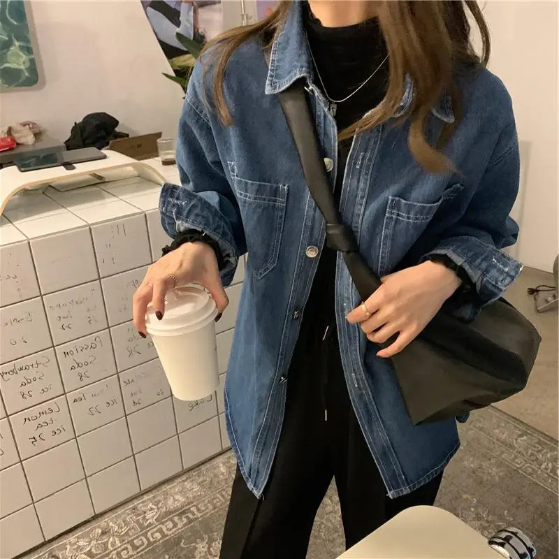 S-5XL Women Denim Blouse Blue Long Sleeve Turn Down Collar Loose Casual Shirt Spring Autumn Single-Breasted Outerwear Female