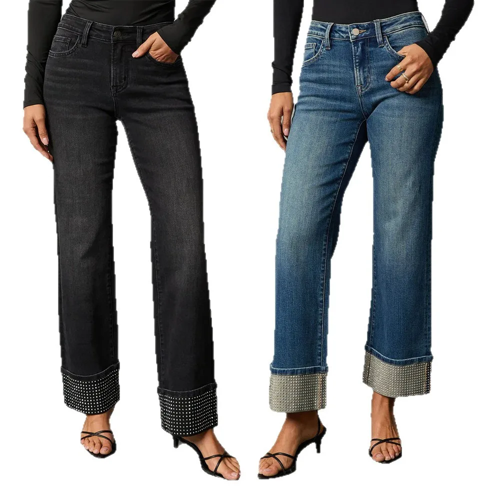 

Модные повседневные женские прямые джинсы с высокой талией и средней талией, джинсовые джинсы из смеси хлопка и полиэстера с высокой талией, уличный стиль