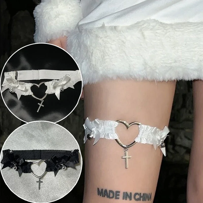 Seksowna koronkowa podwiązka z kokardą Punk Hollow Heart Cross Choker Leg Ring Strap Women Elastic Garters Gothic Bondage Lingerie Cosplay Props
