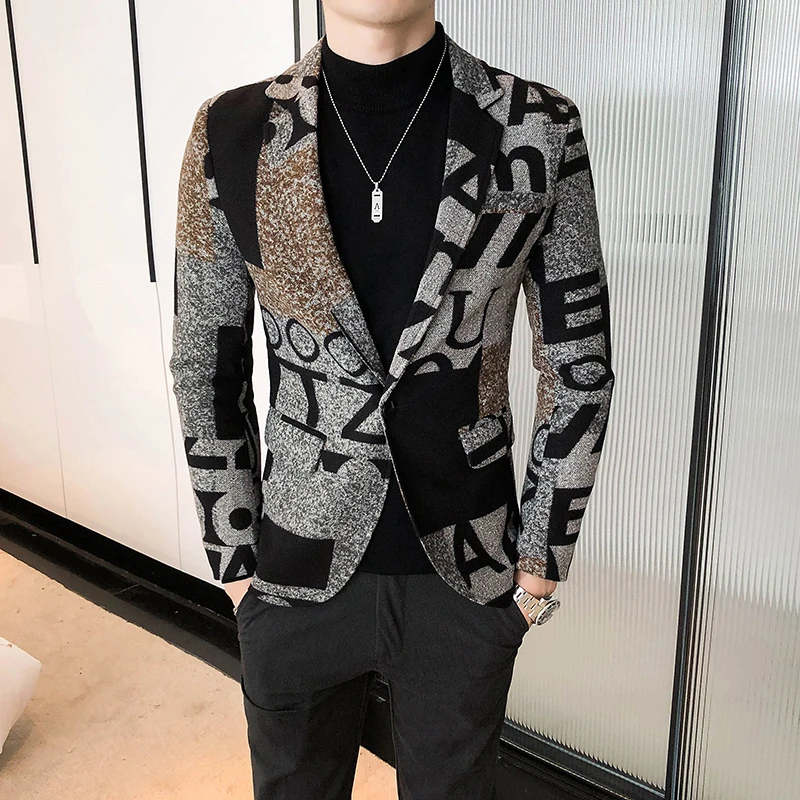 2023 Letter Print Wool Woolen Blazer Men Winter Men Blazer Casual Suit Jacket Slim Party Club Wedding Social Blazer Homme S-5XL