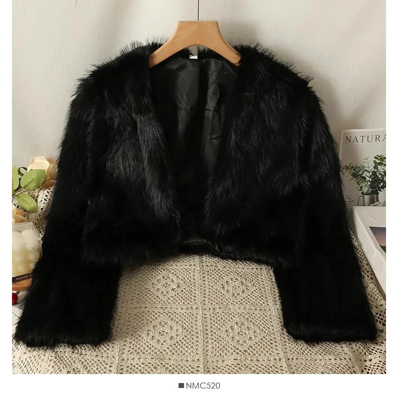 معاطف نسائية من فرو الثعلب الصناعي سترات قصيرة متينة بأكمام طويلة ورقبة على شكل V غرزة مفتوحة فرو سميك دافئ فضفاض مناسب غير رسمي لخريف وشتاء 2025 #4