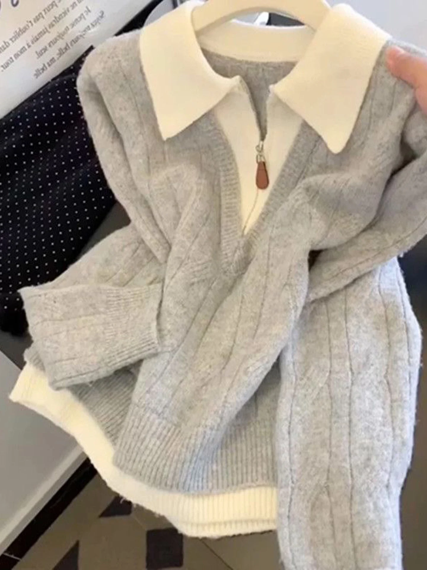 Gray Knitted Sweater with Half Zipper Flip Collar Women's Outerwear Fashionable Autumn New Style Loose Fit Korean Style Commu...