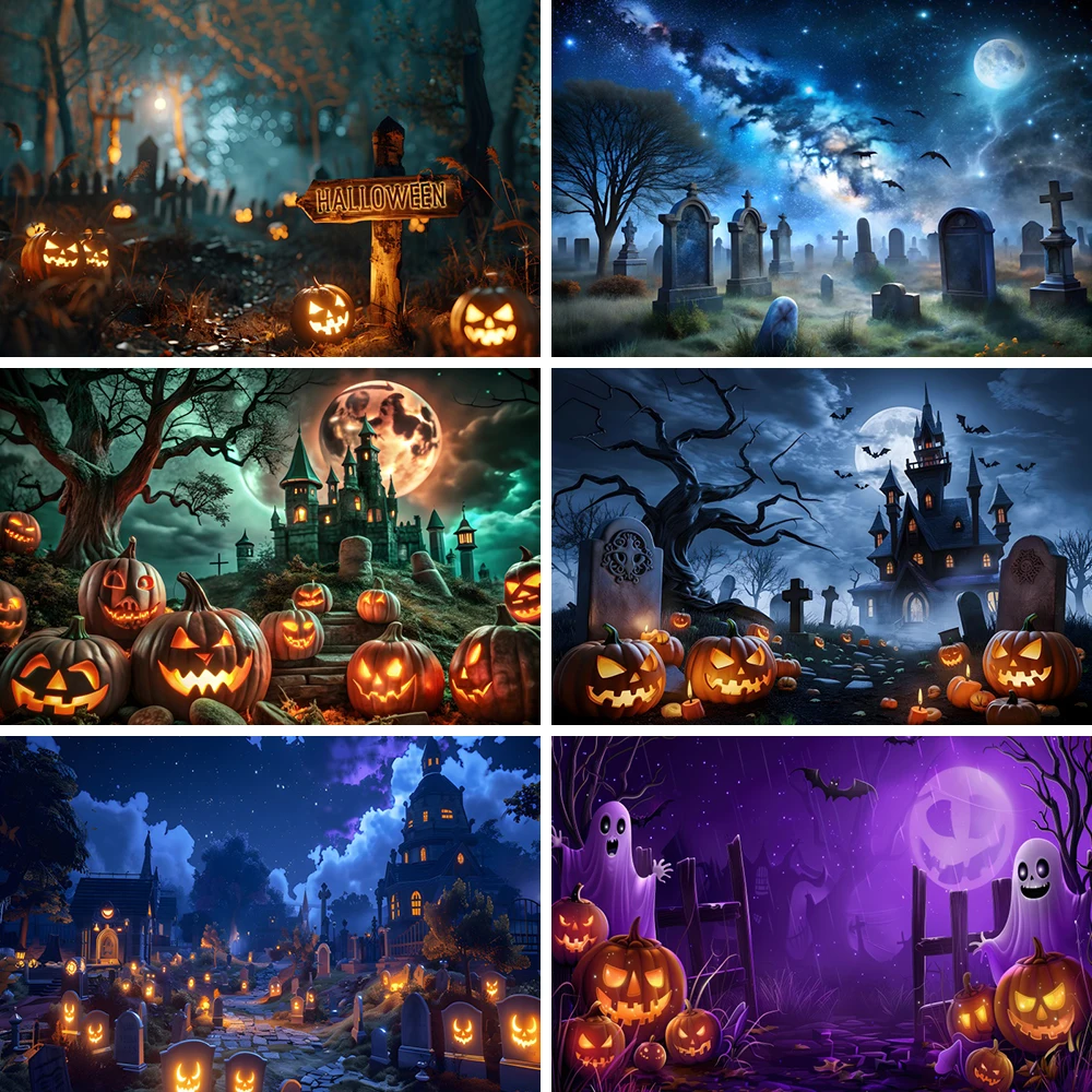 

Halloween Photography Backgrounds Ghostly Pumpkin Lights Eerie Castle Dark Graveyard Horror 2025 Halloween Night Party Backdrop