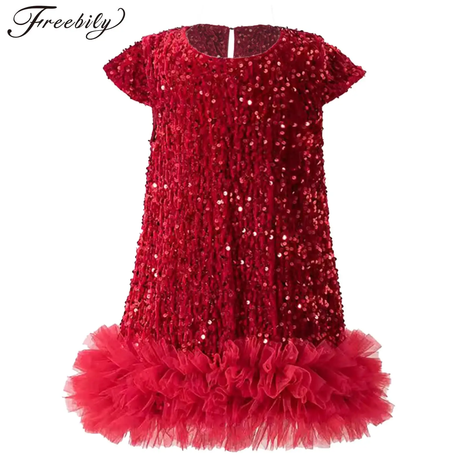 Girls Christmas Dress Cute Sweet Cosplay Princess Dress Sleeve Glittery Sequin Mesh Gown for New Year Party Performance Costumes