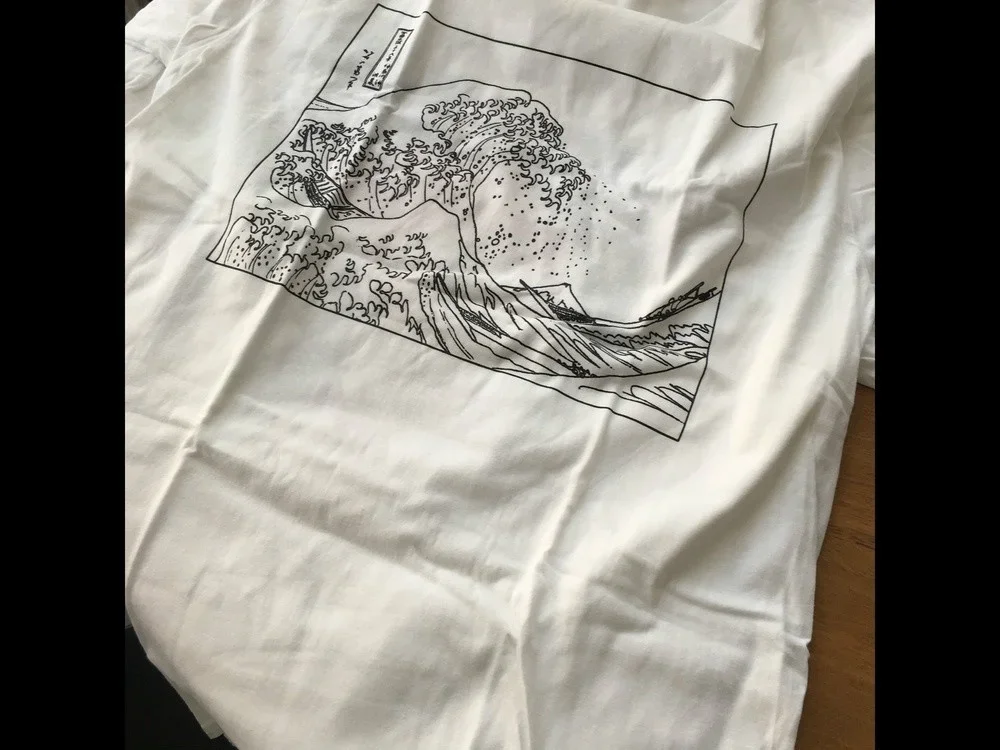 ユニセックスヴィンテージ半袖コットンTシャツ,hokusai,waveアウトライン,女性用Tumblr,グランジ,白いグラフィックTシャツ