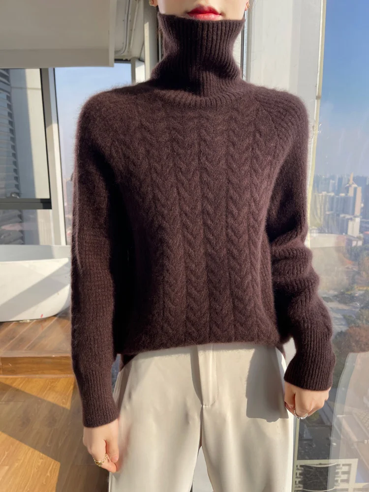 New Fashion Women's Turtleneck Sweater For Winter Thick Warm Twist Flower 100% Merino Wool Knitwear Pullover Korean Popular Top