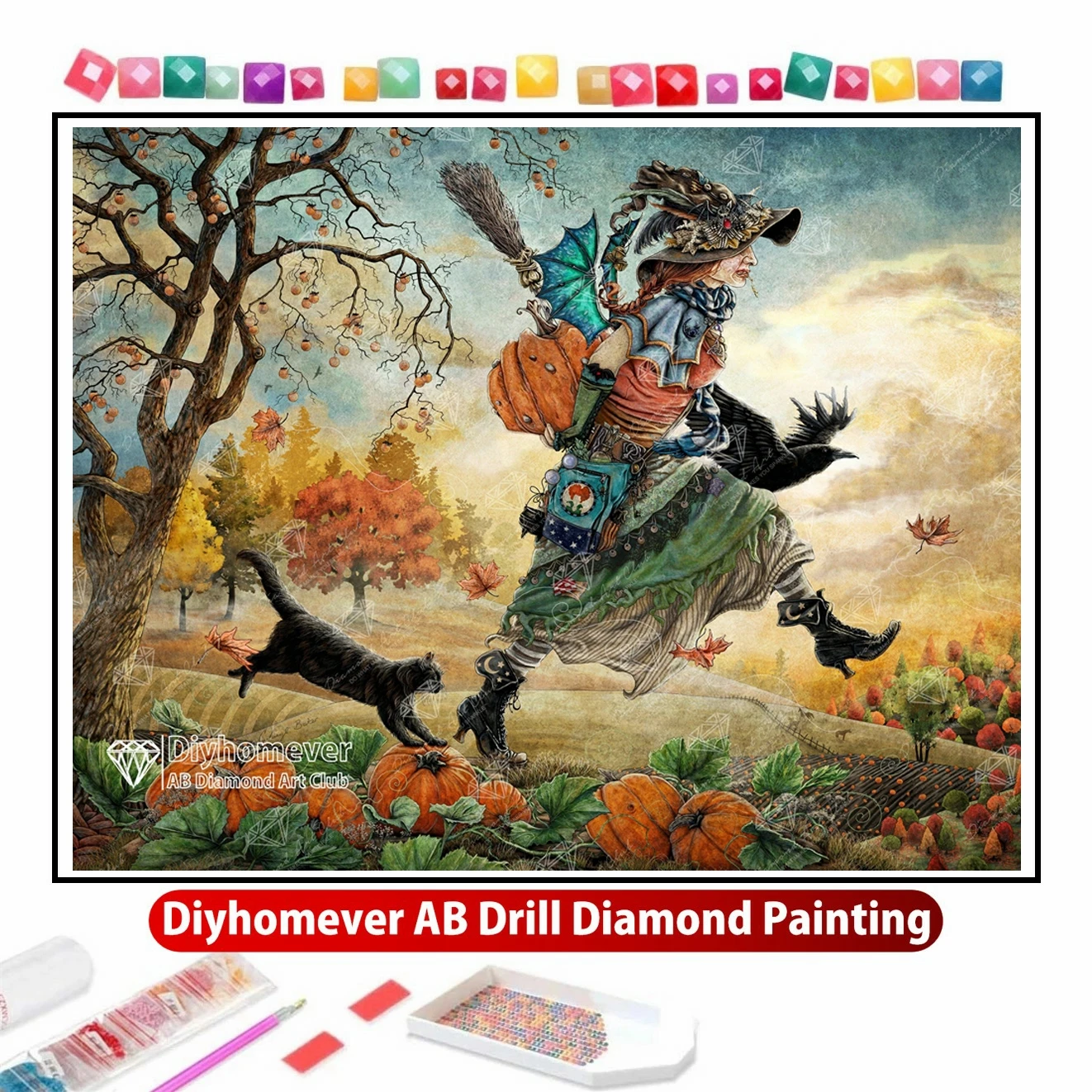 The Pumpkin Herder 5D DIY AB Diamond Painting Embroidery Halloween Witch Cross Stitch Mosaic Handicraft Craft Home Decor Gift