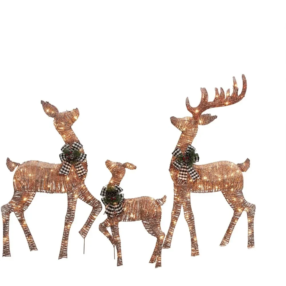 

3Piece Lighted Rustic Deer Family with Buffalo Plaid Bows Sculpture Decoration Pre Lit Display Outdoor Christmas Yard Decoration